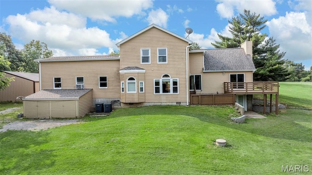 795 Schluersburg Rd, Augusta, MO 63332 - back of house featuring a wooden deck, a lawn, a chimney, crawl space, and central AC