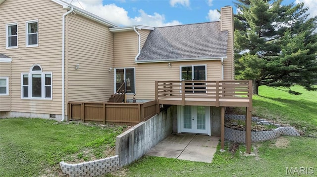 795 Schluersburg Rd, Augusta, MO 63332 - rear view of house featuring a chimney, french doors, a yard, and a wooden deck