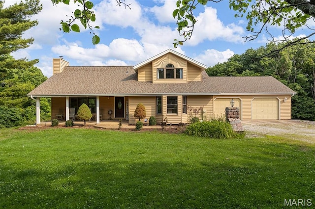 795 Schluersburg Rd, Augusta, MO 63332 - view of front of property featuring driveway, a garage, a front lawn, a shingled roof, and a porch