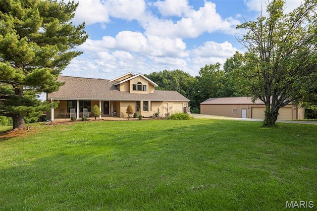 795 Schluersburg Rd, Augusta, MO 63332 - view of front of home featuring a front yard, covered porch, a shingled roof, and an attached garage
