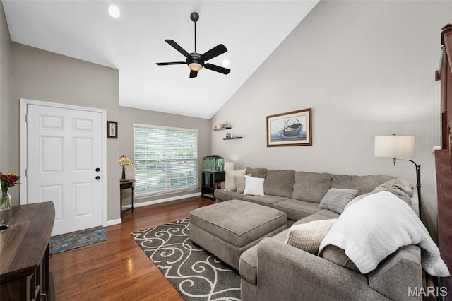 206 Belmonte Cir, Ofallon, MO 63368 - living room featuring high vaulted ceiling, ceiling fan, wood finished floors, recessed lighting, and baseboards