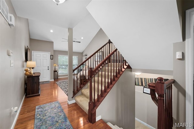 206 Belmonte Cir, Ofallon, MO 63368 - stairs with wood finished floors, baseboards, a ceiling fan, and recessed lighting