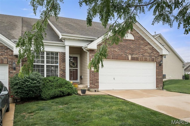 206 Belmonte Cir, Ofallon, MO 63368 - single story home with brick siding, an attached garage, driveway, roof with shingles, and a front lawn