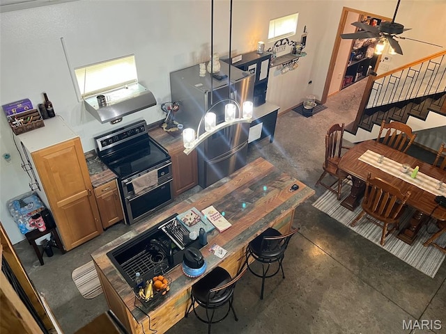 10570 Old 8 E, Mineral Point, MO 63660 - kitchen featuring electric range oven, a ceiling fan, and concrete flooring