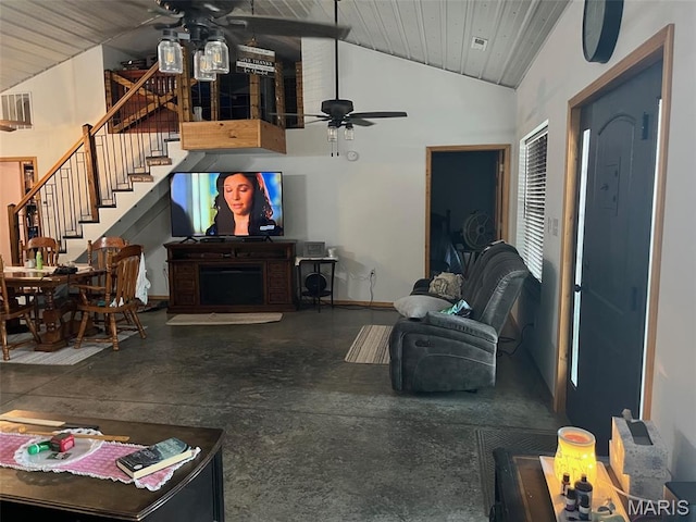 10570 Old 8 E, Mineral Point, MO 63660 - living room featuring vaulted ceiling, ceiling fan, stairway, and wood ceiling