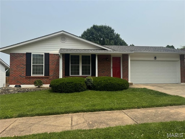 8526 Maylor Dr, Saint Louis, MO 63123 - ranch-style home with brick siding, a garage, a front lawn, and concrete driveway