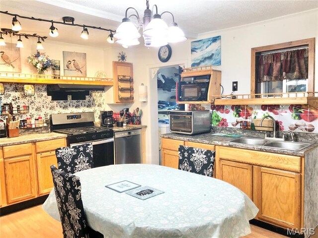 1003 W Ellis St, Salem, MO 65560 - kitchen with appliances with stainless steel finishes, crown molding, a sink, a chandelier, and light wood-type flooring