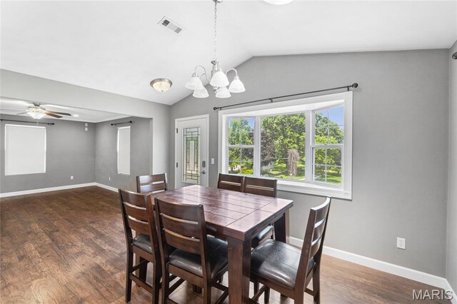 2418 Old State Route 3, East Carondelet, IL 62240 - dining area featuring a chandelier, wood finished floors, lofted ceiling, and ceiling fan