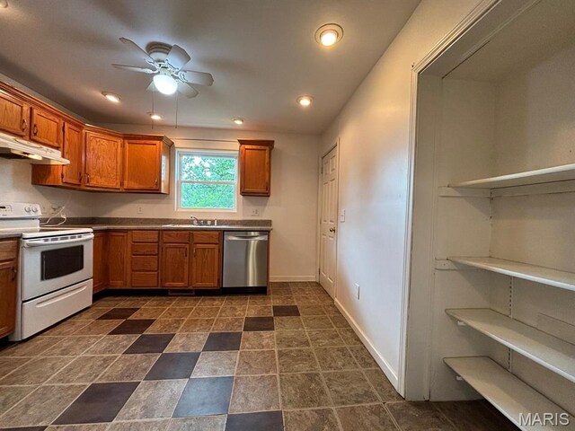 410 S Main St, Monroe City, MO 63456 - kitchen featuring stainless steel dishwasher, electric range, under cabinet range hood, brown cabinets, and ceiling fan