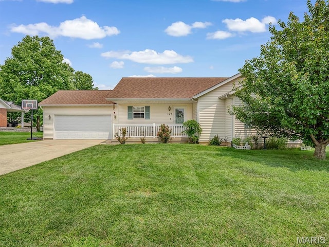 109 E Red Bud Ct, Valmeyer, IL 62295 - ranch-style house featuring a porch, a front yard, concrete driveway, an attached garage, and roof with shingles