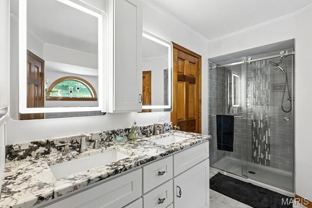 18232 Prickly Pear Ct, Pacific, MO 63069 - full bath featuring double vanity, a shower stall, ornamental molding, and marble finish flooring