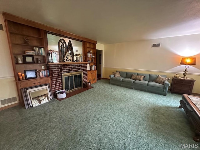 611 S Center, Shelbina, MO 63468 - living room with carpet floors, a brick fireplace, and built in features