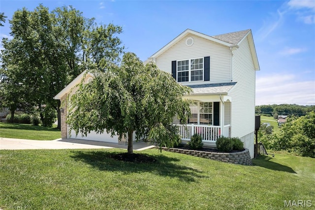 699 Olivia Ct, New Haven, MO 63068 - view of front of property featuring a porch, a front lawn, concrete driveway, and a garage