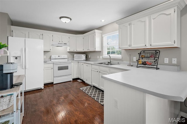 699 Olivia Ct, New Haven, MO 63068 - kitchen with white appliances, under cabinet range hood, a peninsula, dark wood finished floors, and light countertops