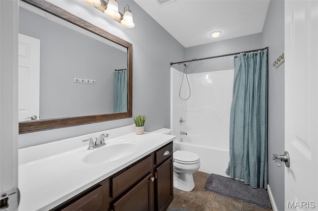 699 Olivia Ct, New Haven, MO 63068 - full bathroom featuring vanity, shower / bath combo with shower curtain, and stone finish floors