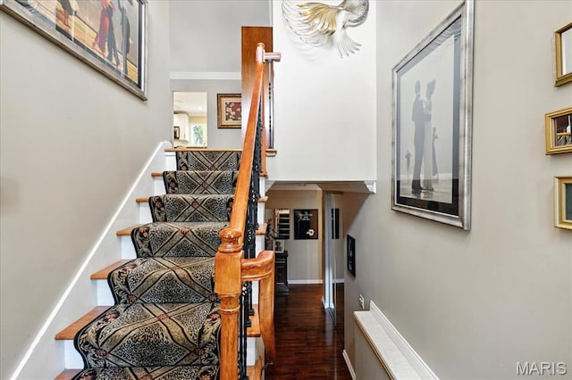 2342 Cedar Dale Ct, Maryland Heights, MO 63043 - stairs with wood finished floors, baseboards, and crown molding
