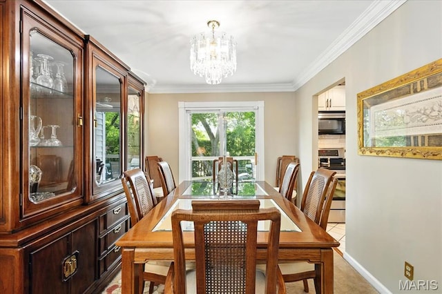 2342 Cedar Dale Ct, Maryland Heights, MO 63043 - dining room with a chandelier, ornamental molding, light colored carpet, and baseboards