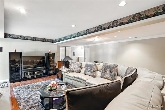 2342 Cedar Dale Ct, Maryland Heights, MO 63043 - living area with wood finished floors, recessed lighting, baseboards, crown molding, and ceiling fan