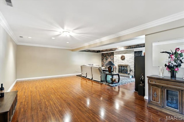 2342 Cedar Dale Ct, Maryland Heights, MO 63043 - living area with a fireplace, wood finished floors, baseboards, crown molding, and recessed lighting
