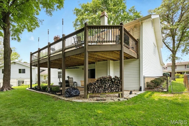 2342 Cedar Dale Ct, Maryland Heights, MO 63043 - rear view of house with a deck, a gate, and a chimney