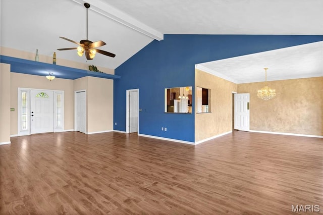 1609 10th Fairway Dr, Belleville, IL 62220 - unfurnished living room with a chandelier, a ceiling fan, wood finished floors, beam ceiling, and high vaulted ceiling