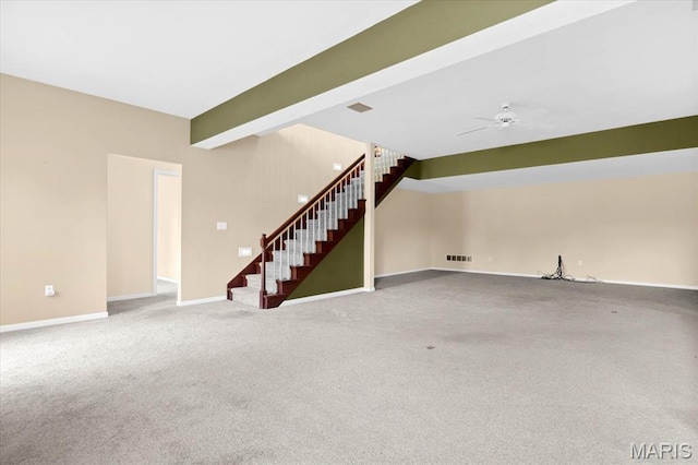 1609 10th Fairway Dr, Belleville, IL 62220 - unfurnished living room featuring stairs, carpet flooring, and a ceiling fan