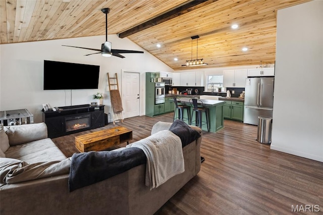 713 Fairway St, Bethalto, IL 62010 - living room featuring wooden ceiling, dark wood finished floors, a ceiling fan, baseboards, and recessed lighting