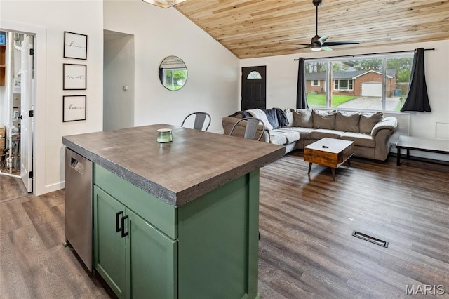713 Fairway St, Bethalto, IL 62010 - kitchen featuring green cabinets, wood ceiling, lofted ceiling, a ceiling fan, and dark wood-style flooring