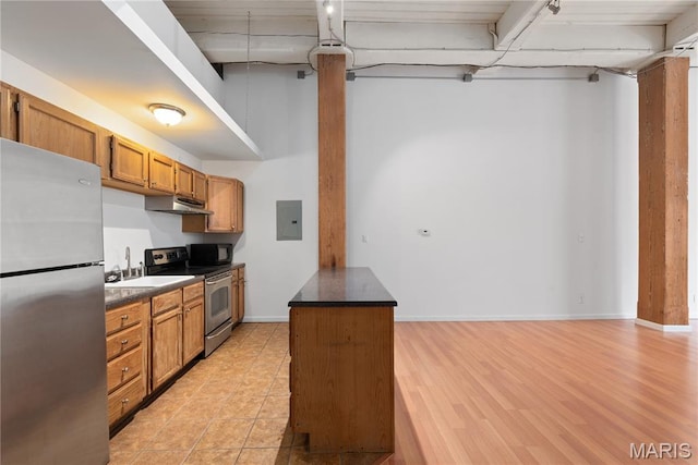 507 N 13th St Unit 207, Saint Louis, MO 63103 - kitchen with appliances with stainless steel finishes, under cabinet range hood, brown cabinetry, and electric panel