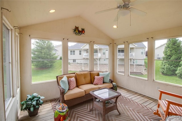 426 Vancroft Pl, Ofallon, IL 62269 - sunroom featuring vaulted ceiling, a ceiling fan, an outdoor hangout area, and a residential view