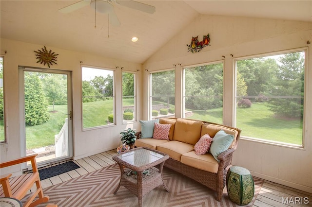 426 Vancroft Pl, Ofallon, IL 62269 - sunroom with vaulted ceiling, healthy amount of natural light, a ceiling fan, and an outdoor living space