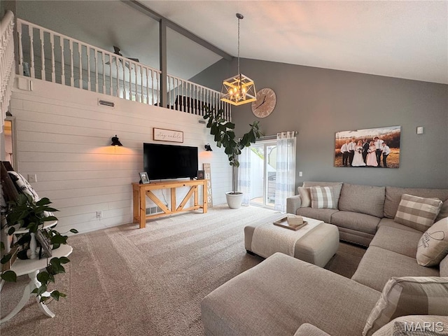 123 Clover Rd, Hannibal, MO 63401 - living room featuring a chandelier, carpet floors, high vaulted ceiling, and beamed ceiling