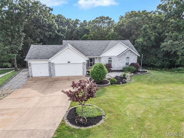 3001 Peach Blossom Ct, High Ridge, MO 63049 - single story home featuring a garage, concrete driveway, a front lawn, a shingled roof, and view of wooded area