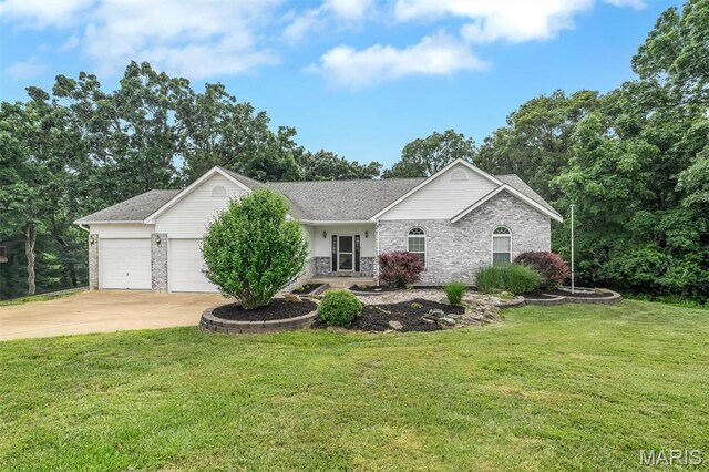 3001 Peach Blossom Ct, High Ridge, MO 63049 - ranch-style house featuring concrete driveway, a garage, a front lawn, stone siding, and roof with shingles