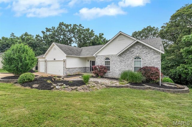 3001 Peach Blossom Ct, High Ridge, MO 63049 - ranch-style home with a garage, a front yard, and brick siding