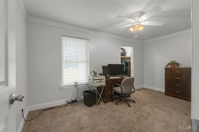 2280 Ebert Ln, Wentzville, MO 63385 - office space with carpet floors, crown molding, and a ceiling fan