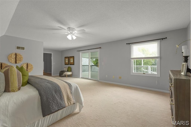 2280 Ebert Ln, Wentzville, MO 63385 - bedroom with access to outside, light colored carpet, multiple windows, a textured ceiling, and ceiling fan