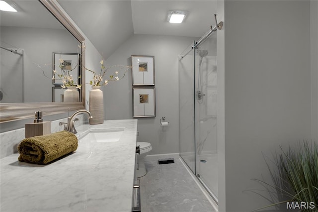 2280 Ebert Ln, Wentzville, MO 63385 - full bathroom with a marble finish shower, vanity, and vaulted ceiling