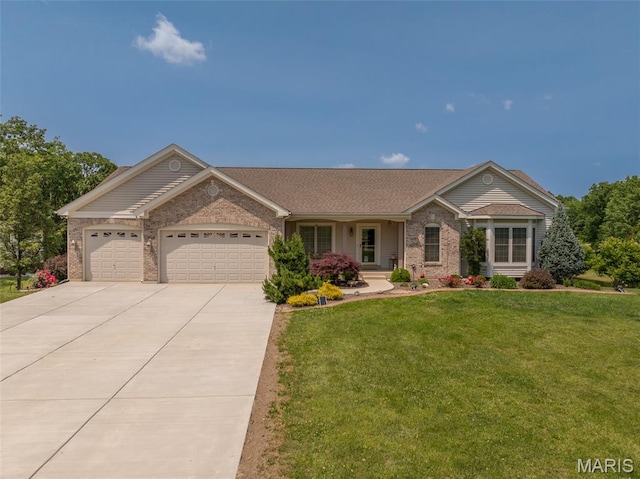 11400 Macs Cove Dr, Wright City, MO 63390 - ranch-style home with brick siding, an attached garage, driveway, a front yard, and roof with shingles