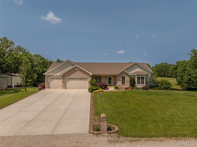 11400 Macs Cove Dr, Wright City, MO 63390 - ranch-style house with a garage, concrete driveway, a front yard, and brick siding