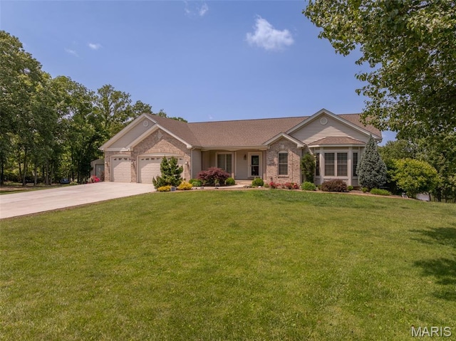 11400 Macs Cove Dr, Wright City, MO 63390 - ranch-style home with concrete driveway, an attached garage, a front yard, and brick siding