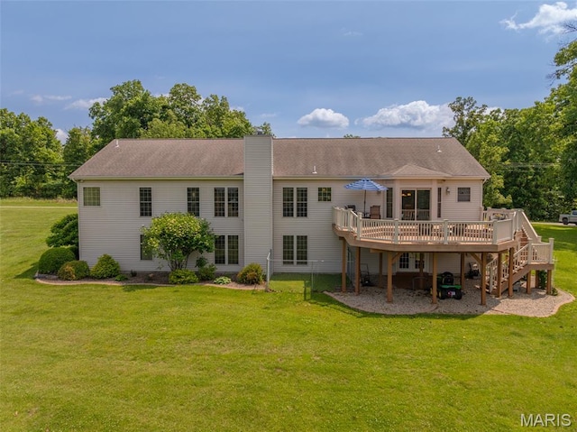 11400 Macs Cove Dr, Wright City, MO 63390 - back of house with a wooden deck, a yard, a chimney, and stairway