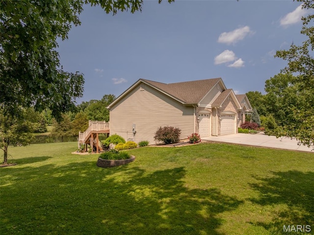 11400 Macs Cove Dr, Wright City, MO 63390 - view of side of home with stairway, an attached garage, a yard, a wooden deck, and driveway