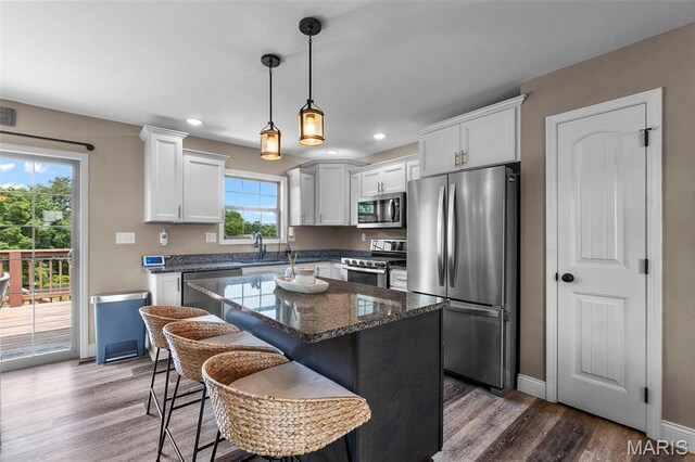 192 Fraser Rdg, Jackson, MO 63755 - kitchen featuring appliances with stainless steel finishes, plenty of natural light, a center island, wood finished floors, and recessed lighting