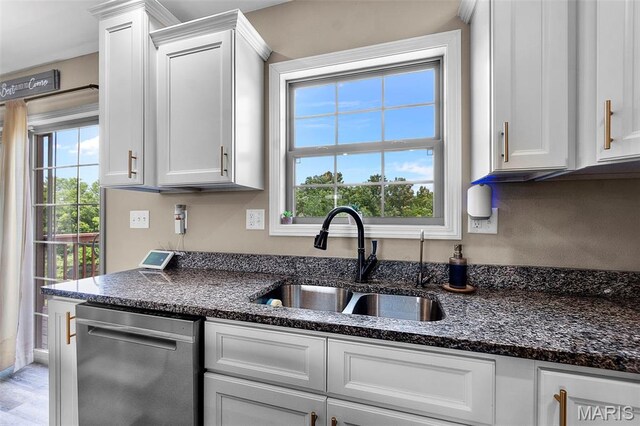 192 Fraser Rdg, Jackson, MO 63755 - kitchen with a sink, dishwasher, white cabinets, and dark stone countertops