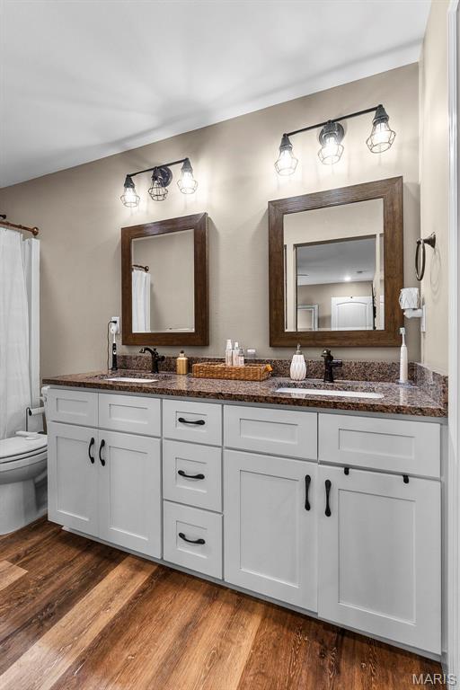 192 Fraser Rdg, Jackson, MO 63755 - full bathroom with double vanity, toilet, wood finished floors, and a shower with curtain