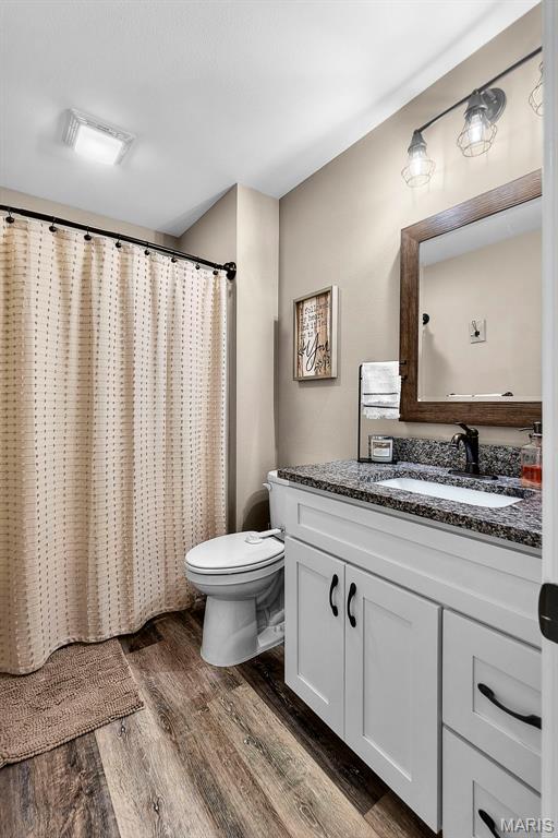 192 Fraser Rdg, Jackson, MO 63755 - bathroom featuring wood finished floors, vanity, toilet, and a shower with shower curtain