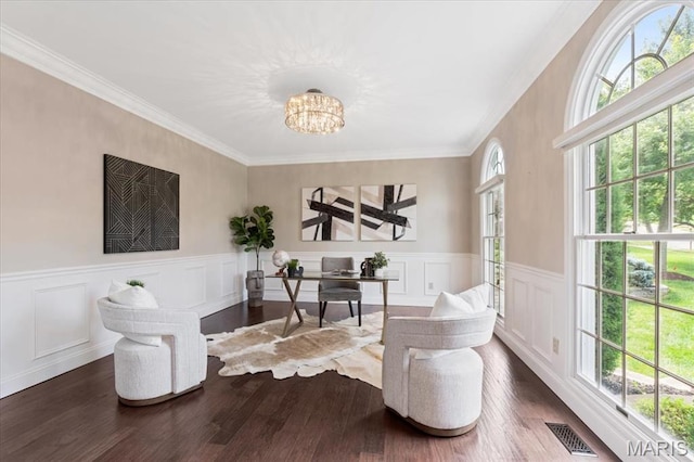 1525 Honey Locust Ct, Wildwood, MO 63005 - sitting room with crown molding, wainscoting, dark wood-style flooring, a chandelier, and a desk