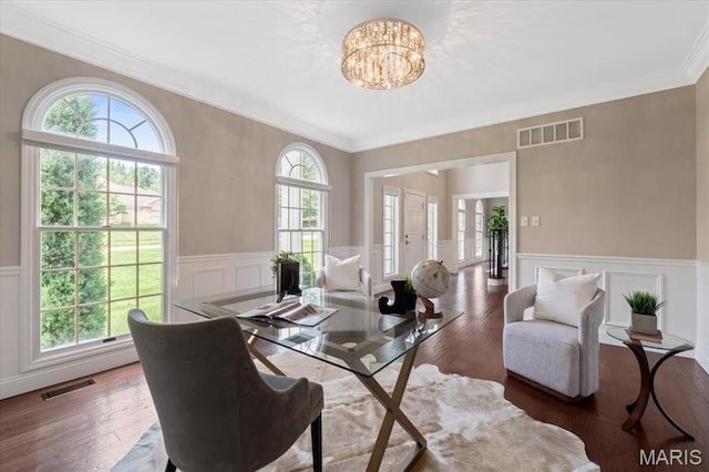1525 Honey Locust Ct, Wildwood, MO 63005 - office area featuring a decorative wall, wainscoting, a chandelier, ornamental molding, and wood finished floors