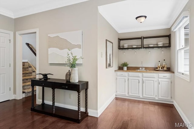 1525 Honey Locust Ct, Wildwood, MO 63005 - indoor wet bar featuring dark wood-type flooring, crown molding, and stairs